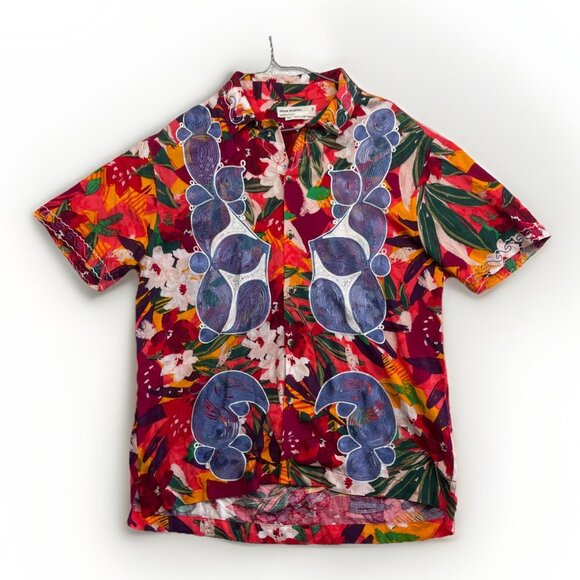 Urban Renewal Remnants Upcycled Panel Embroidery Cabana Shirt Floral AOP Sz S - Picture 1 of 16
